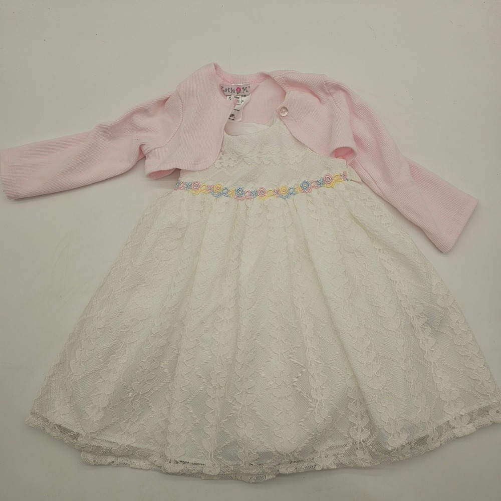 Katie M Baby Girl White Lace Dress with Pink long sleeve cover. Sz 6/9 New